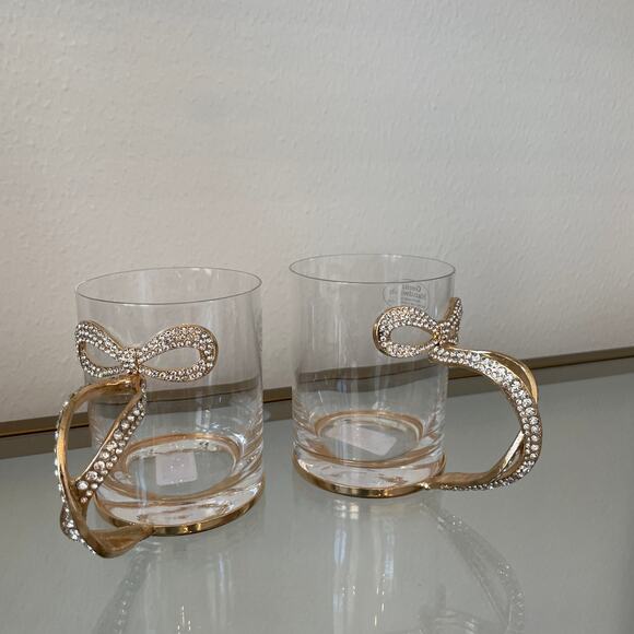 Gold & Rhinestone BOW Handle Glass Mug Coffee Tea Cup Set of 2 Glam Kitchen New - Picture 7 of 16